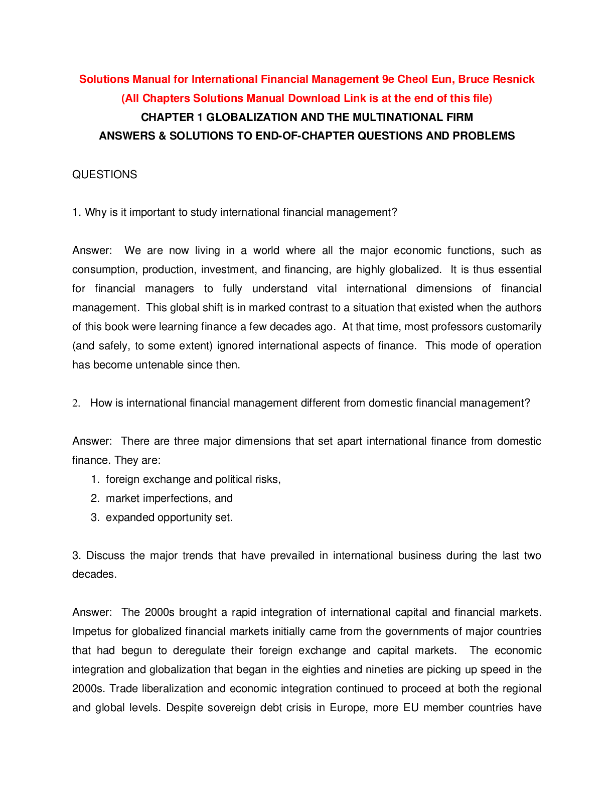 Preview of International Financial Management 9e Cheol Eun, Bruce Resnick (Solutions Manual)